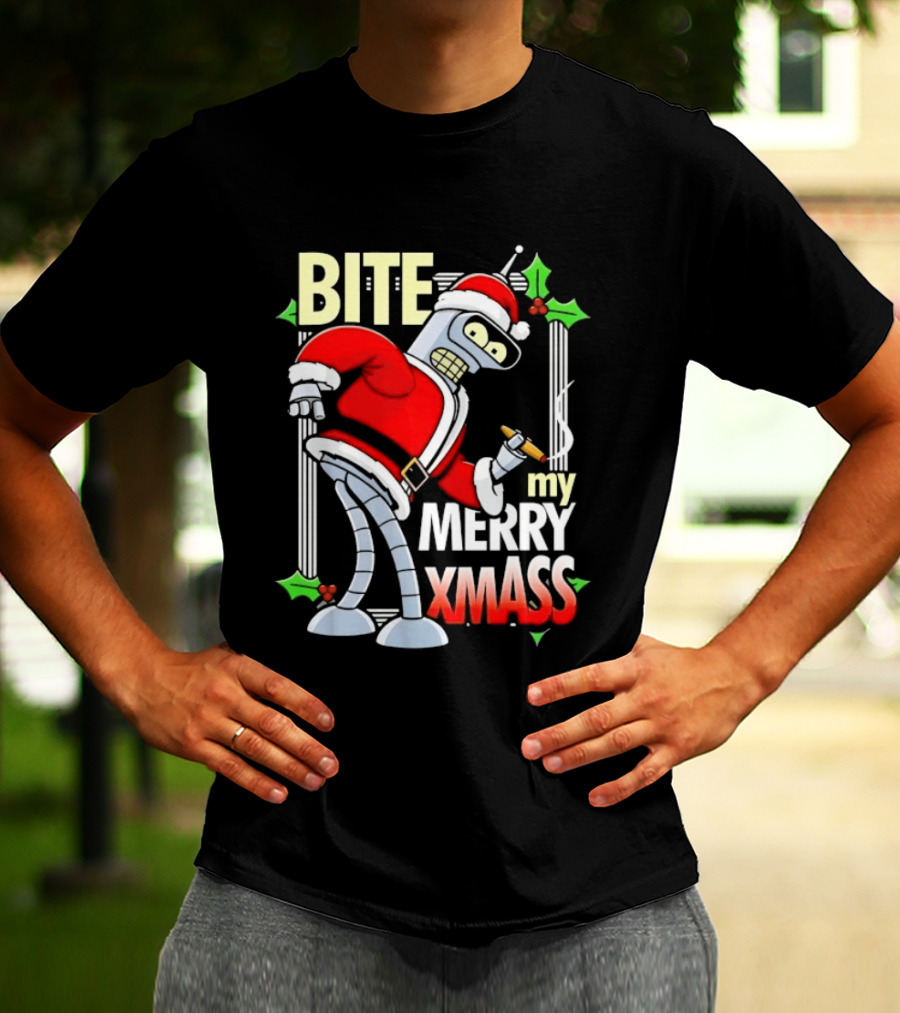Bender Bite My Merry Xmass Futurama Santa Cigarette Hollys T-Shirt