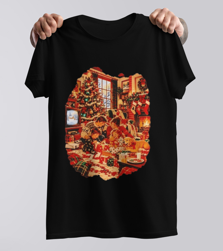 Cozy Christmas Morning Family Scene By The Fireplace With Tree And Stockings T-Shirt