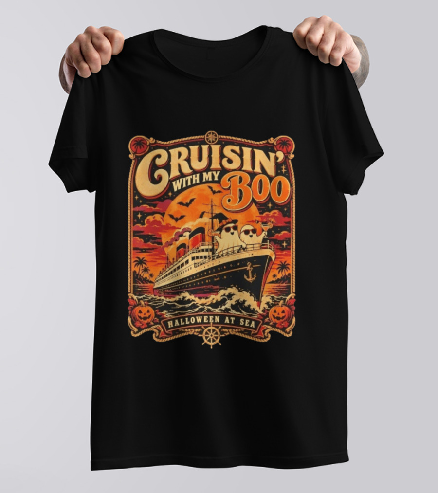 Cruisin' With My Boo Halloween At Sea Ship Ghosts Pumpkins Full Moon T-Shirt