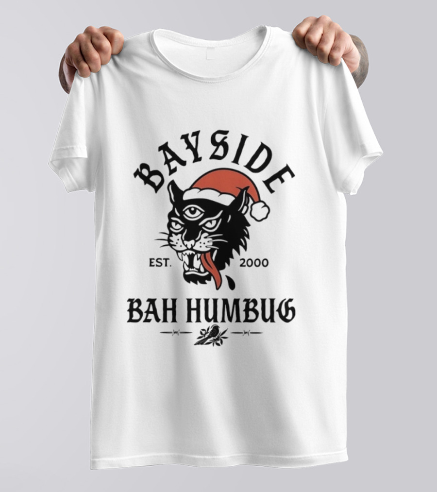 Bayside Est 2000 Bah Humbug Christmas Panther Santa Hat T-Shirt