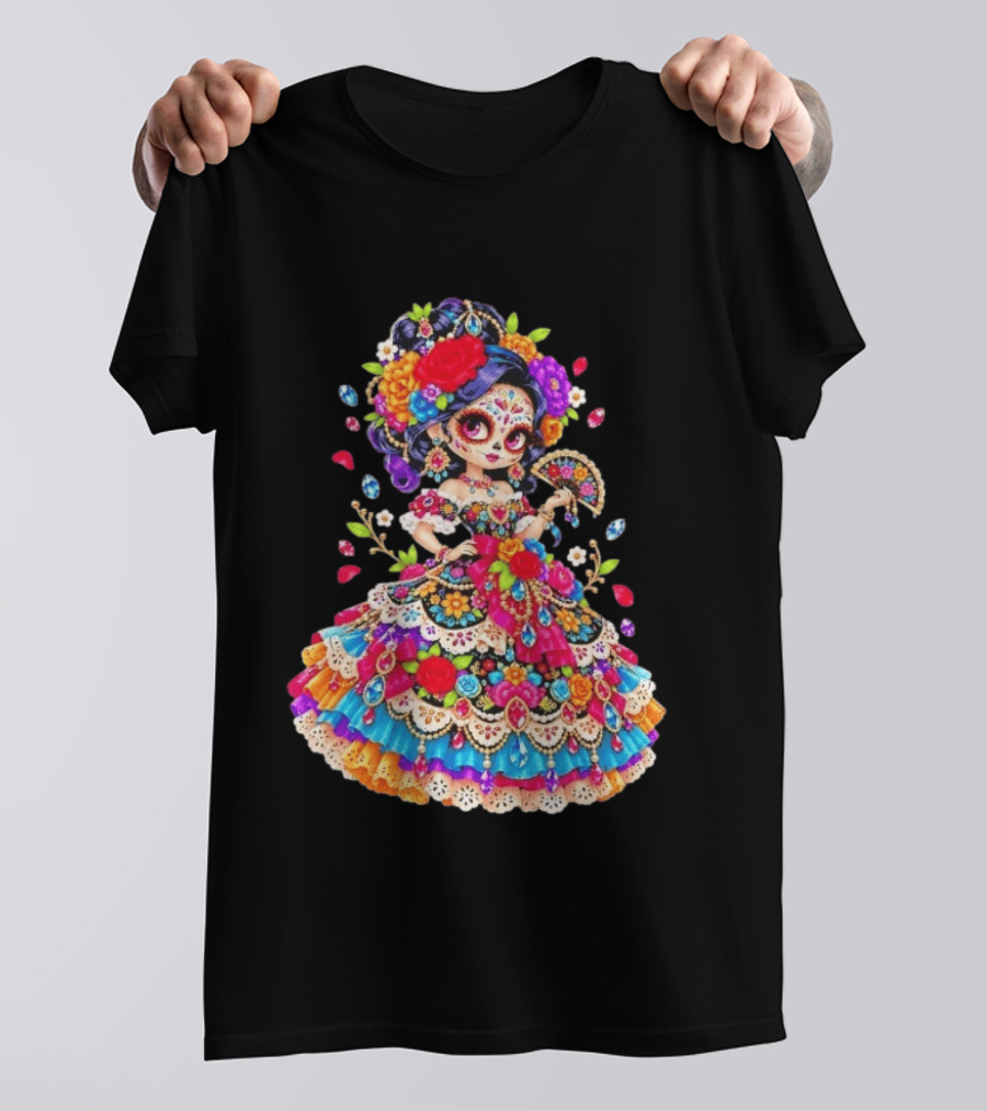 Day Of The Dead Catrina Girl Floral Dress Colorful Sugar Skull T-Shirt