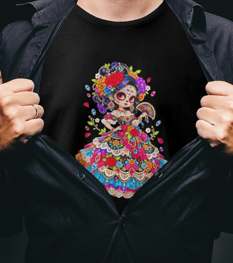 Day Of The Dead Catrina Girl Floral Dress Colorful Sugar Skull T-Shirt