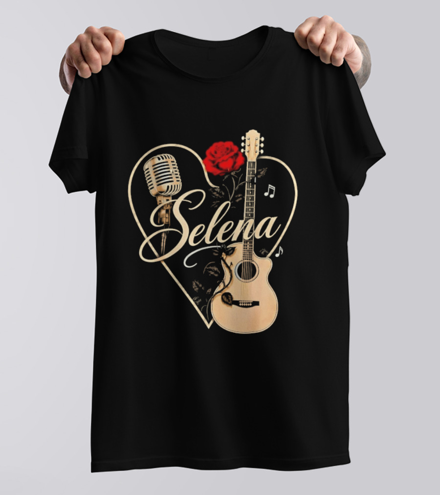 Selena Heart With Rose Microphone Guitar Music Notes T-Shirt
