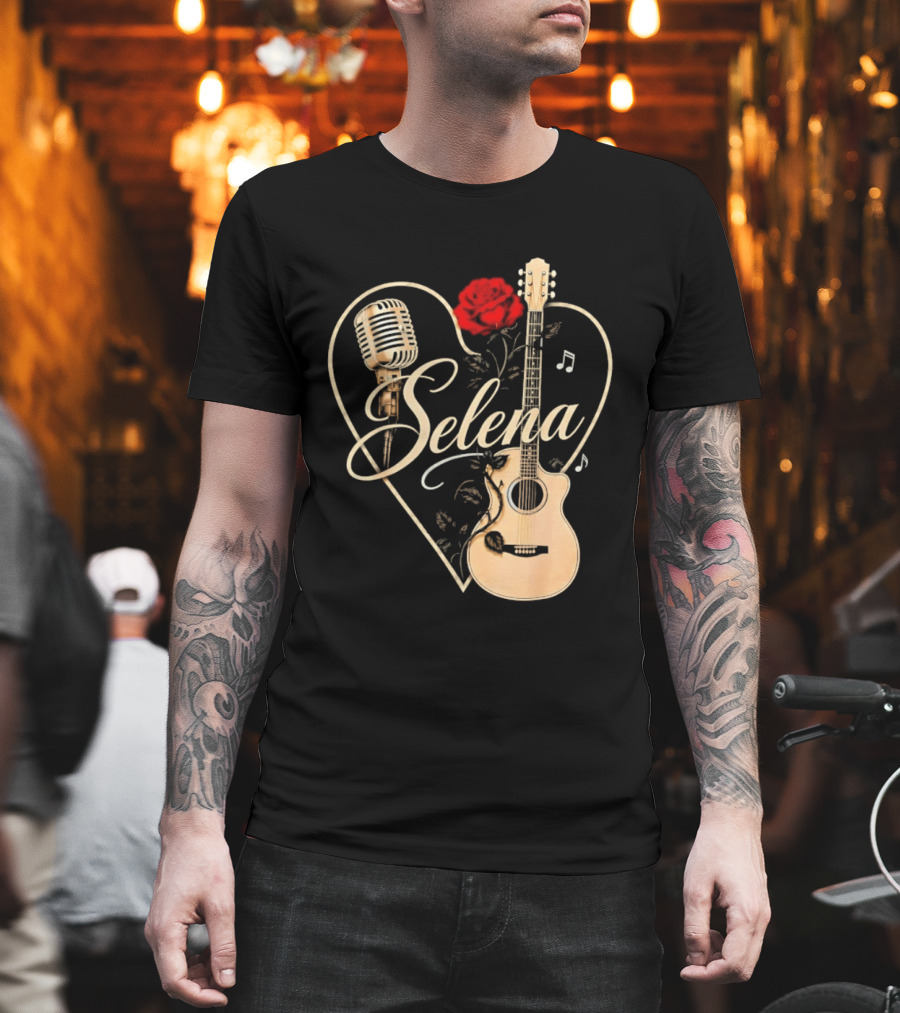 Selena Heart With Rose Microphone Guitar Music Notes T-Shirt