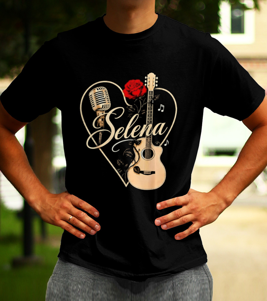 Selena Heart With Rose Microphone Guitar Music Notes T-Shirt