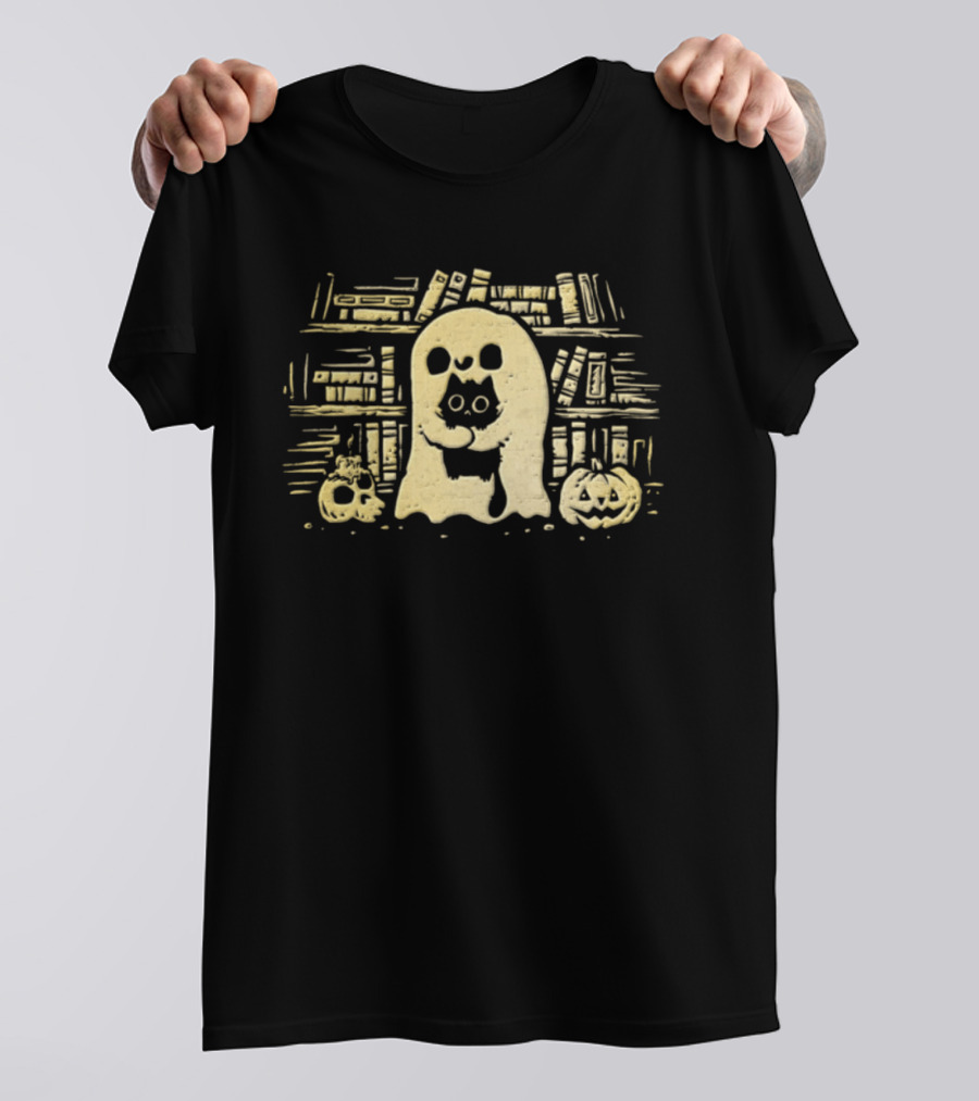 Ghostly Hugs Black Cat Embrace With Pumpkin And Skull In Library T-Shirt