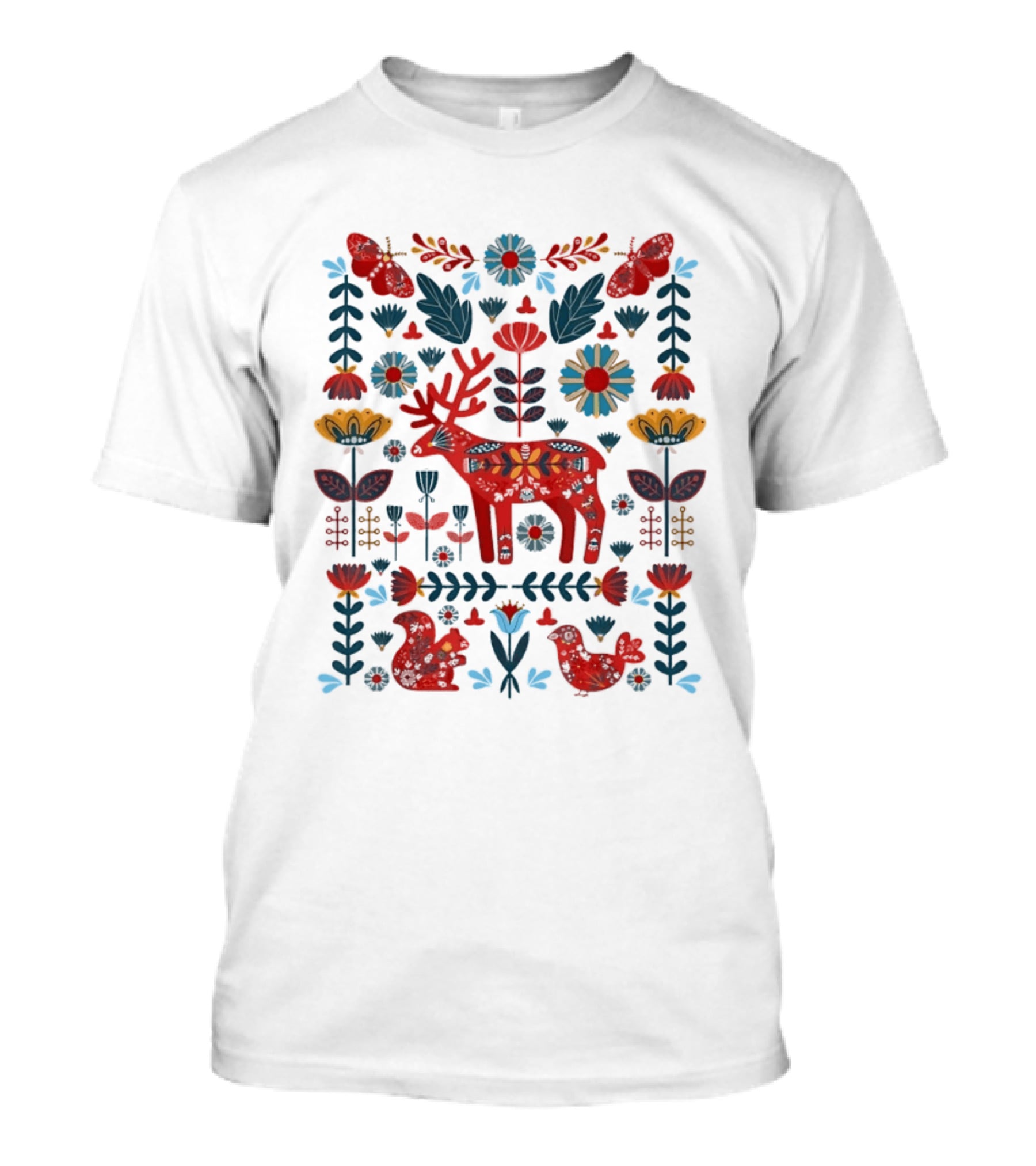 Scandinavian Folk Art Reindeer Forest Animals Flowers And Nature Wildlife T-Shirt