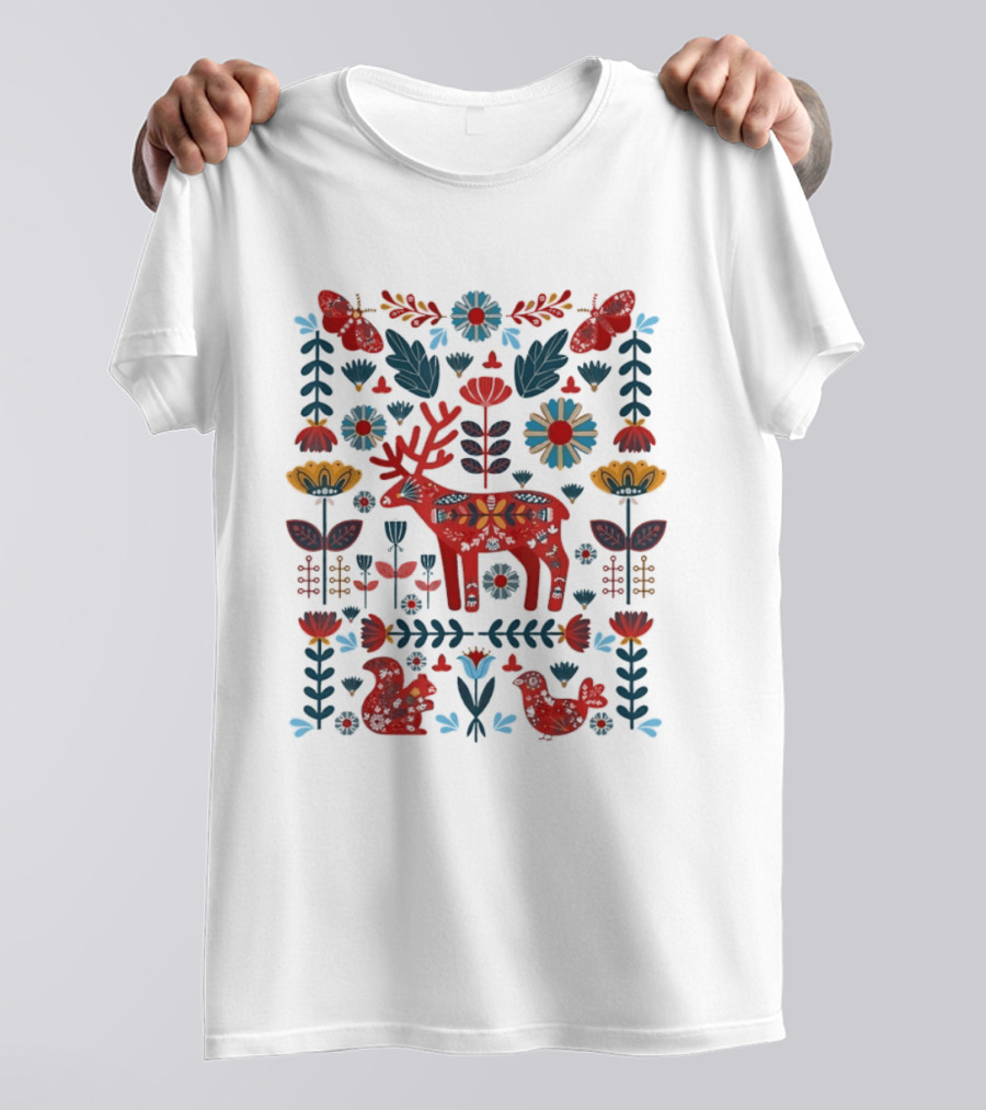 Scandinavian Folk Art Reindeer Forest Animals Flowers And Nature Wildlife T-Shirt