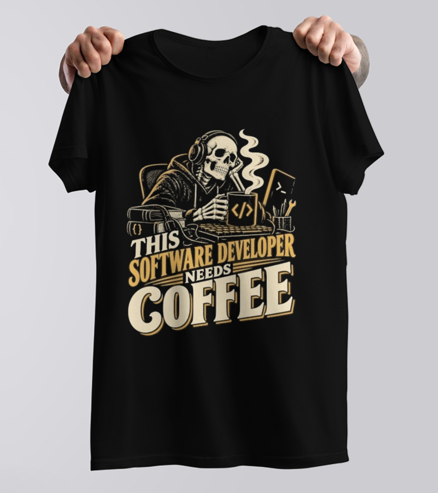 This Software Developer Needs Coffee Coding Skeleton T-Shirt