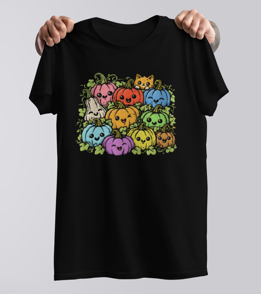 Halloween Cute Colorful Pumpkins And Gourds With Orange Cat T-Shirt