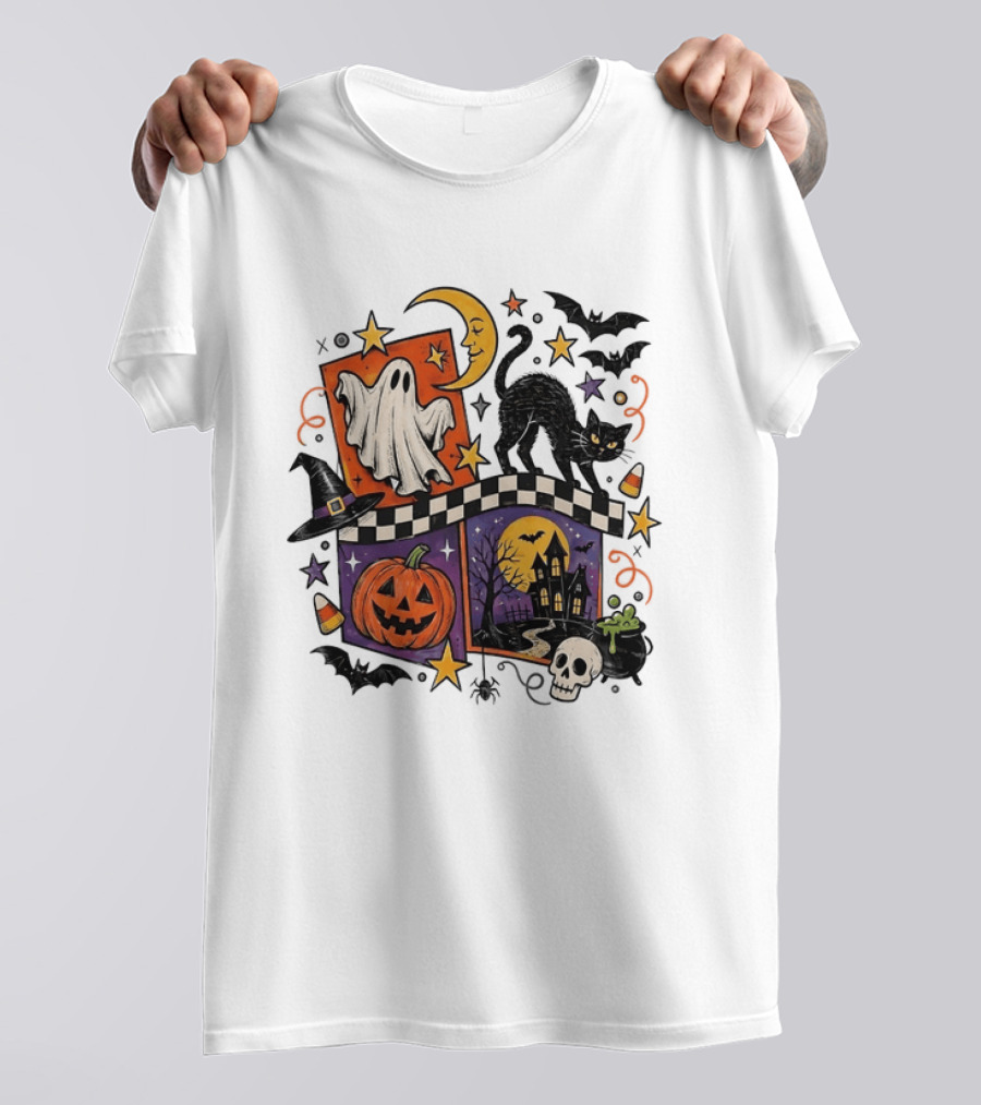Halloween Ghost Cat Moon Pumpkin Witch Hat Skull Scene T-Shirt