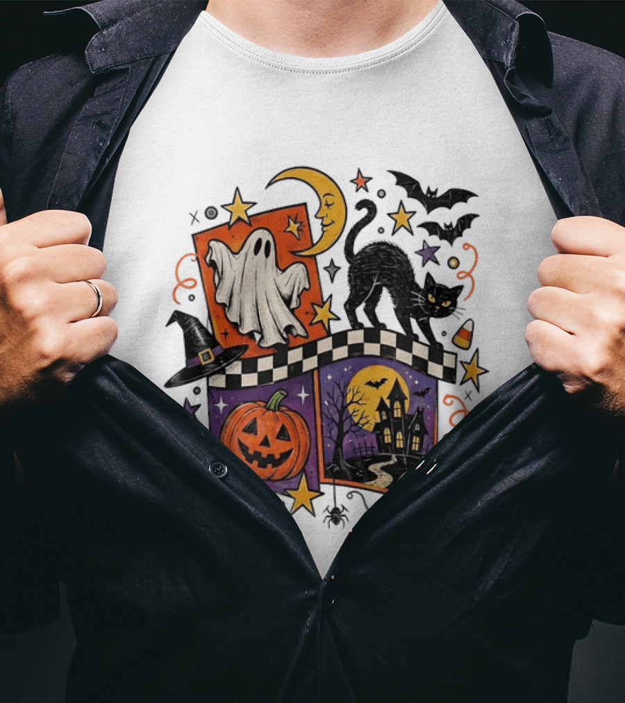 Halloween Ghost Cat Moon Pumpkin Witch Hat Skull Scene T-Shirt