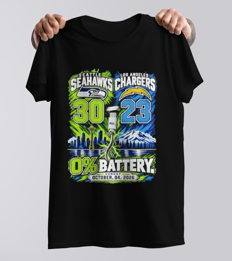 Seattle Seahawks Vs Los Angeles Chargers 30 23 Game 0% Battery October 4 2026 T-Shirt