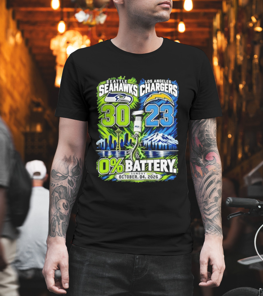 Seattle Seahawks Vs Los Angeles Chargers 30 23 Game 0% Battery October 4 2026 T-Shirt
