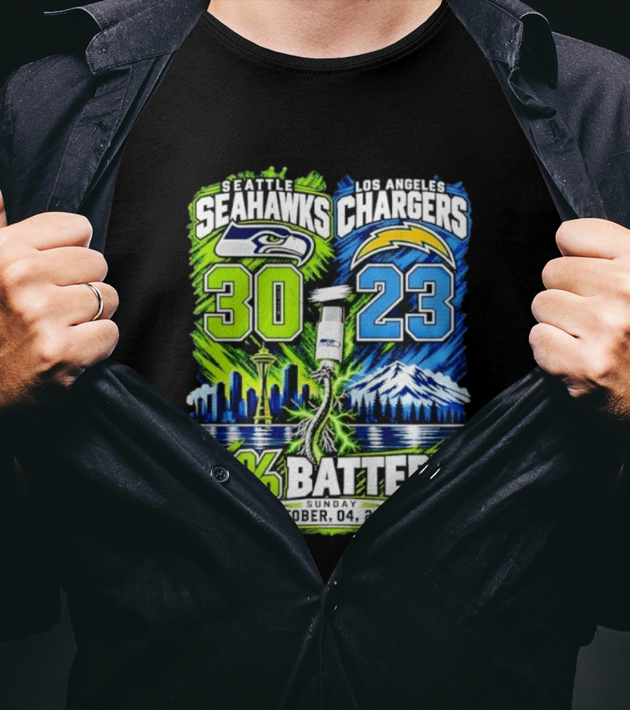 Seattle Seahawks Vs Los Angeles Chargers 30 23 Game 0% Battery October 4 2026 T-Shirt