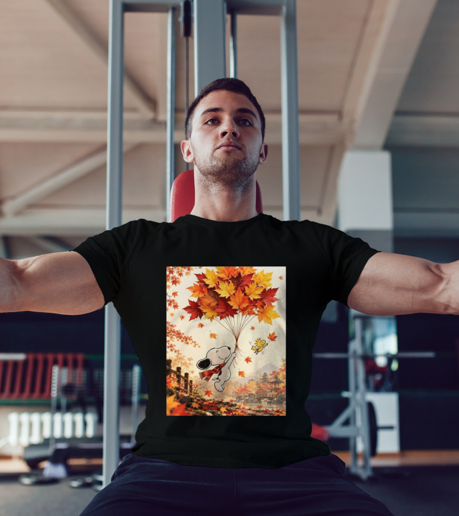 Snoopy And Woodstock Autumn Leaves Floating Scene With Tree And Bridge T-Shirt