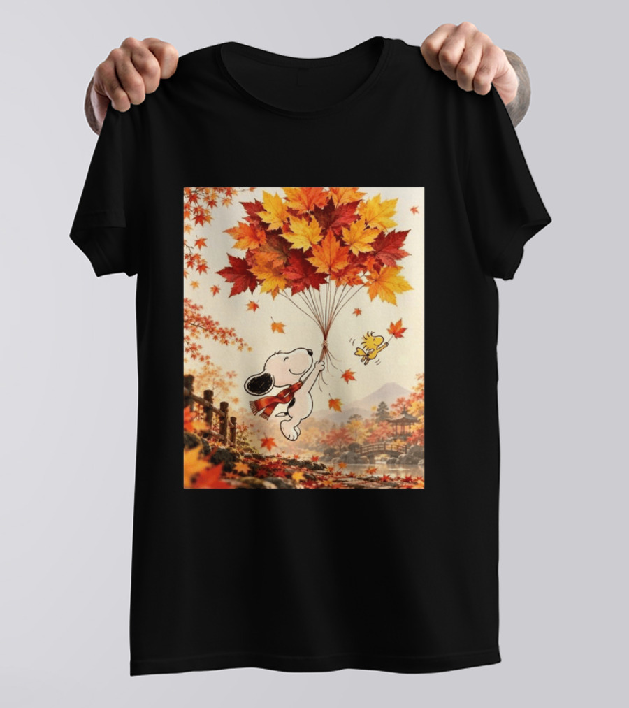 Snoopy And Woodstock Autumn Leaves Floating Scene With Tree And Bridge T-Shirt