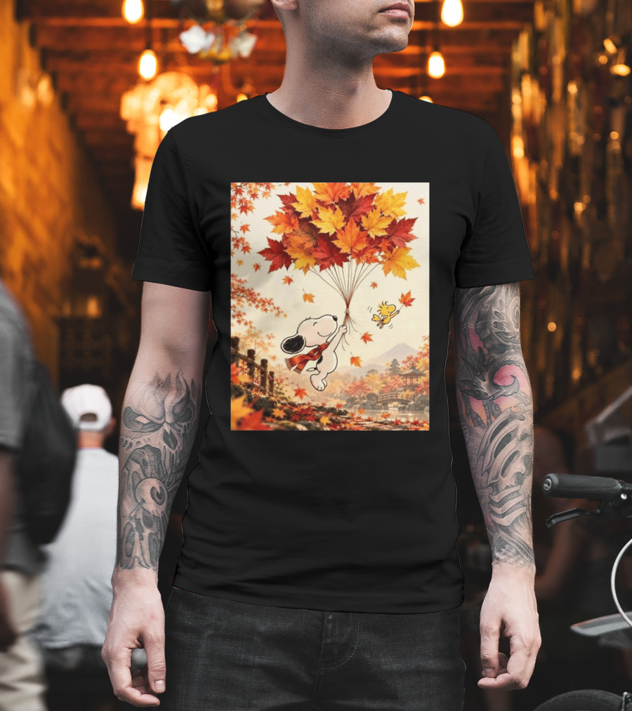 Snoopy And Woodstock Autumn Leaves Floating Scene With Tree And Bridge T-Shirt