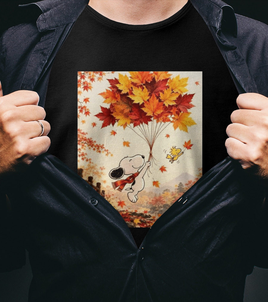 Snoopy And Woodstock Autumn Leaves Floating Scene With Tree And Bridge T-Shirt