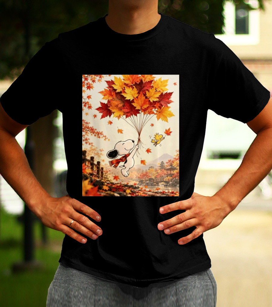 Snoopy And Woodstock Autumn Leaves Floating Scene With Tree And Bridge T-Shirt