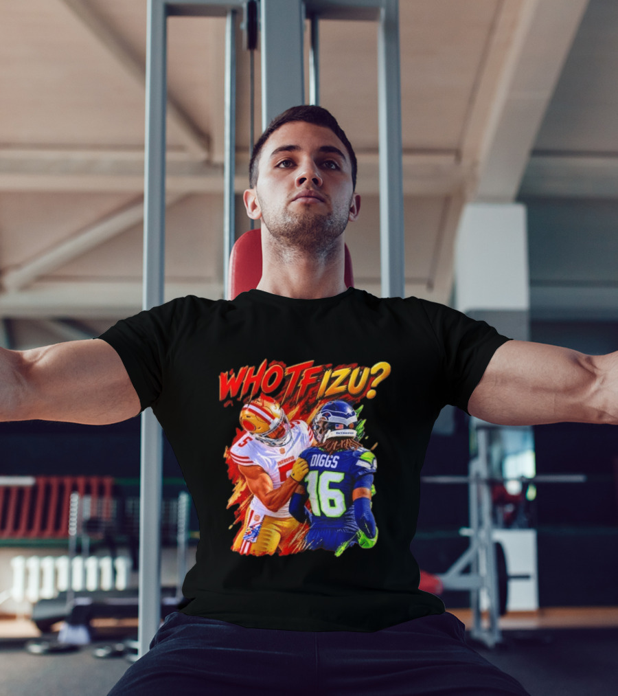 Who TF Izu Diggs 16 Intrepid Football Bootleg NFL Rivalry Red Blue 49ers Seahawks T-Shirt