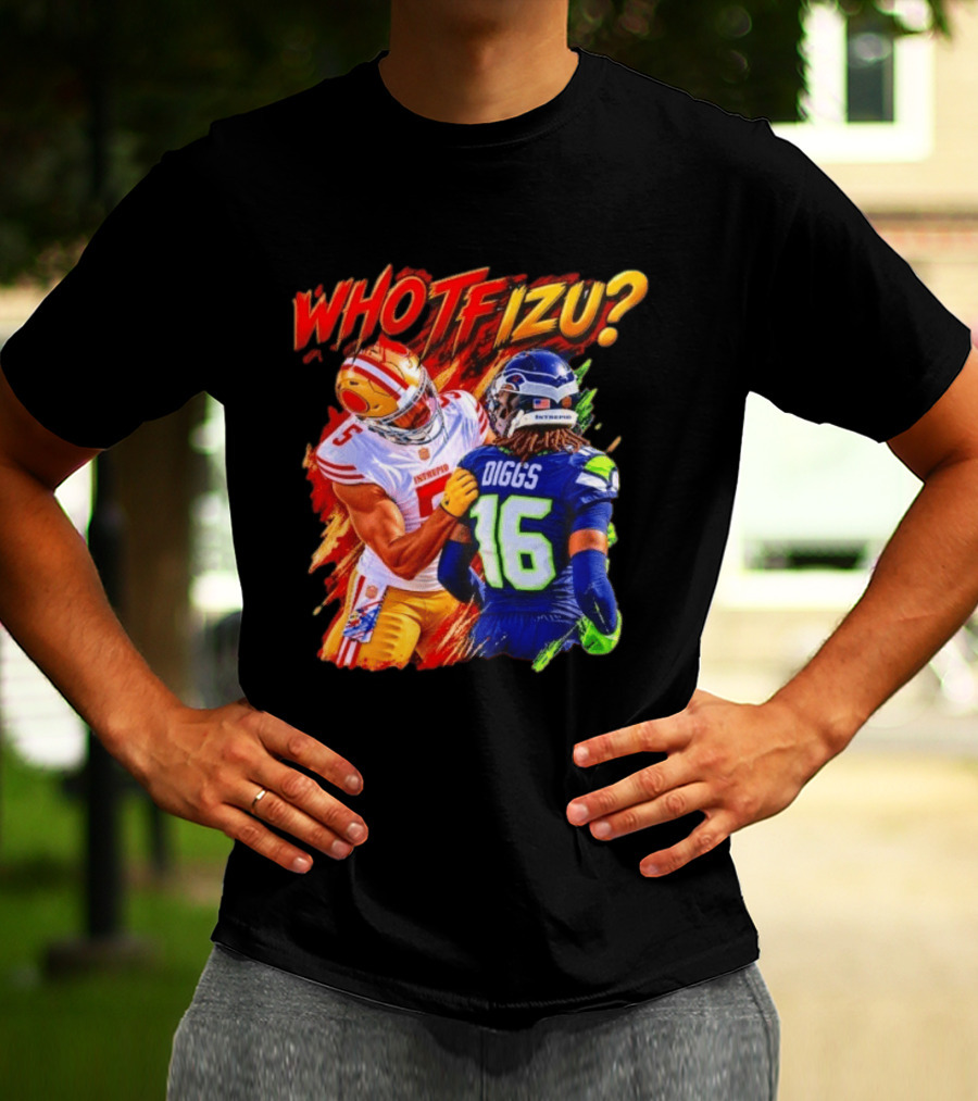 Who TF Izu Diggs 16 Intrepid Football Bootleg NFL Rivalry Red Blue 49ers Seahawks T-Shirt