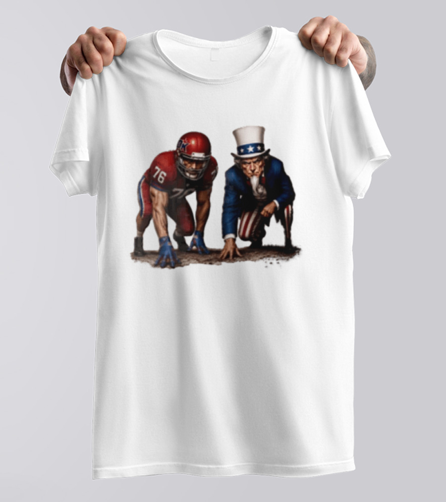Uncle Sam And American Football Player Number 76 Crouching On Field T-Shirt