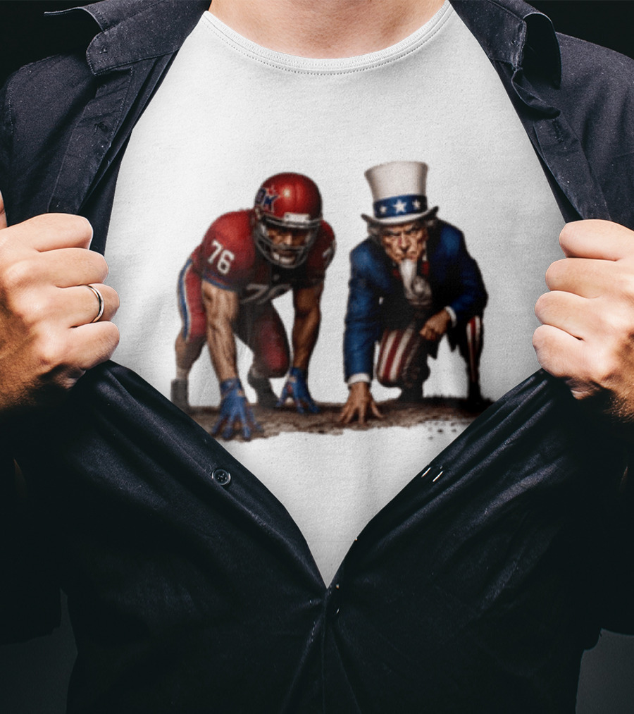 Uncle Sam And American Football Player Number 76 Crouching On Field T-Shirt