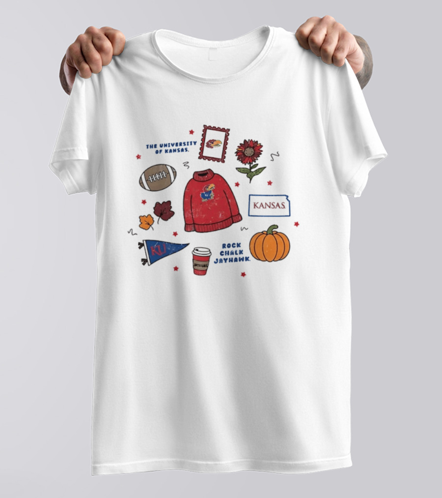University Of Kansas Rock Chalk Jayhawk Football Fall Leaves Pumpkin KU Flag T-Shirt