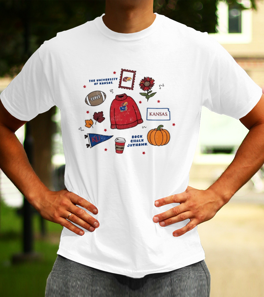 University Of Kansas Rock Chalk Jayhawk Football Fall Leaves Pumpkin KU Flag T-Shirt