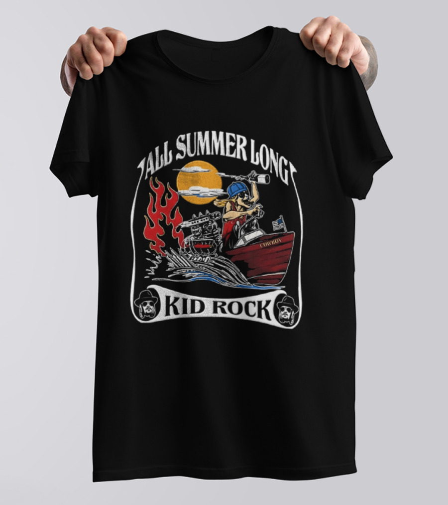 All Summer Long Kid Rock Cartoon Caricature Motorboat Cowboy Sunset Flames T-Shirt