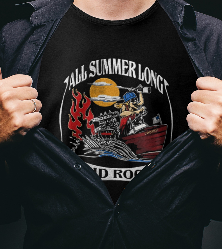 All Summer Long Kid Rock Cartoon Caricature Motorboat Cowboy Sunset Flames T-Shirt