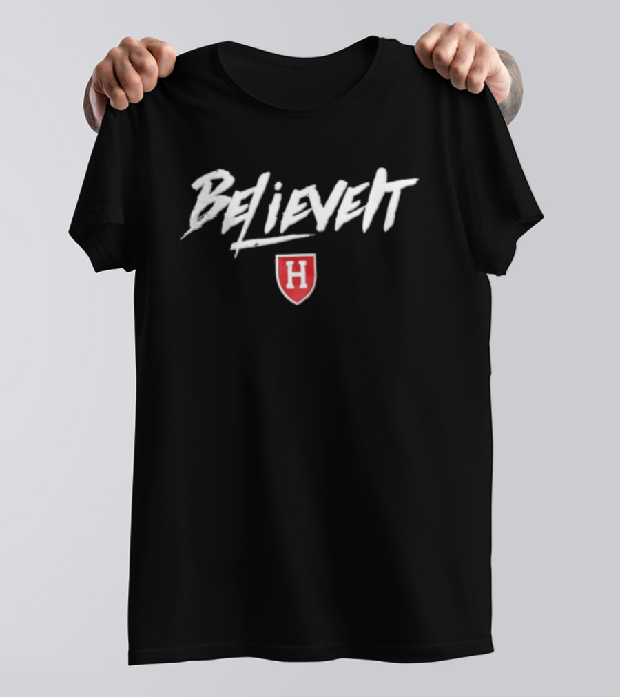 Believe It White Brush Script Lettering Shield H T-Shirt