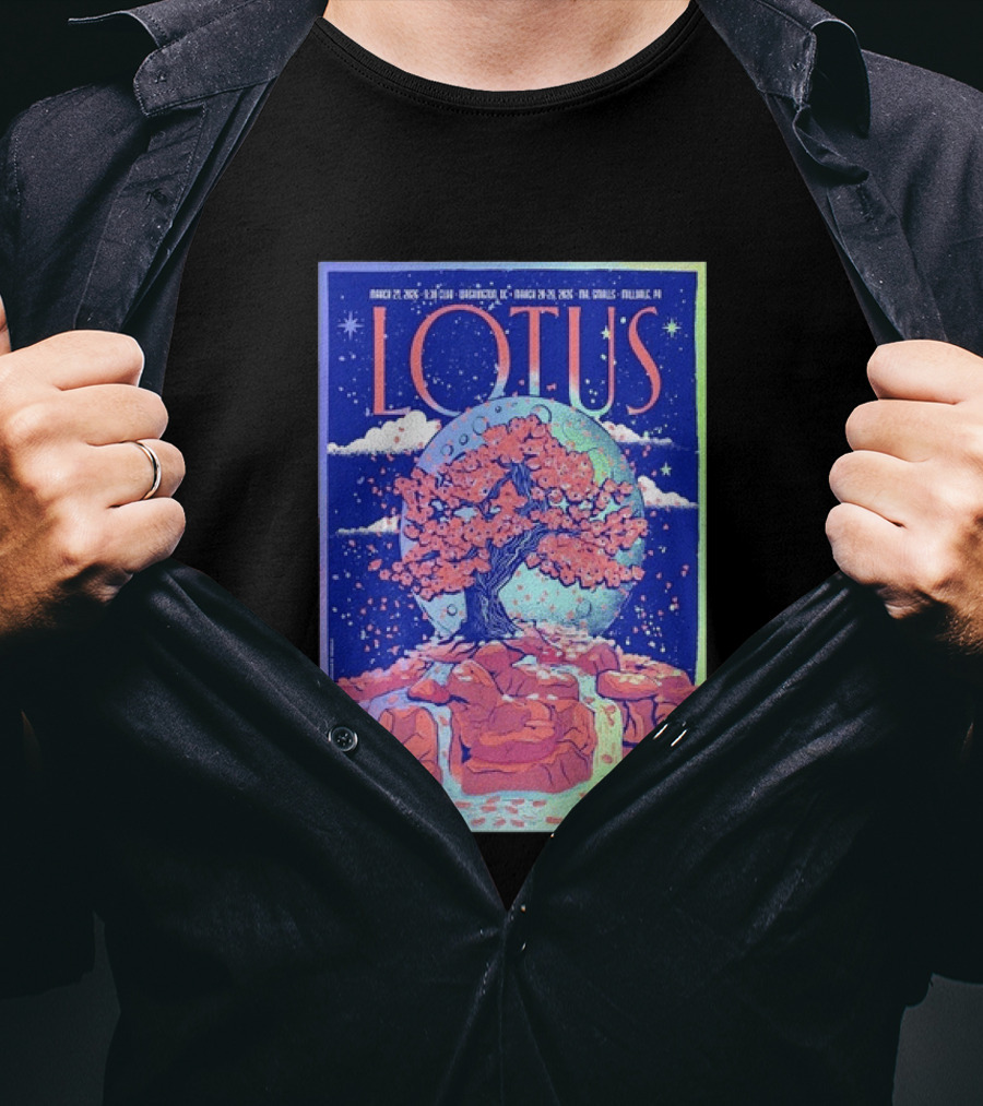 Lotus 2026 Tour By Benjamin Rumble March Tour Dates Illustration Cherry Blossom Moon T-Shirt