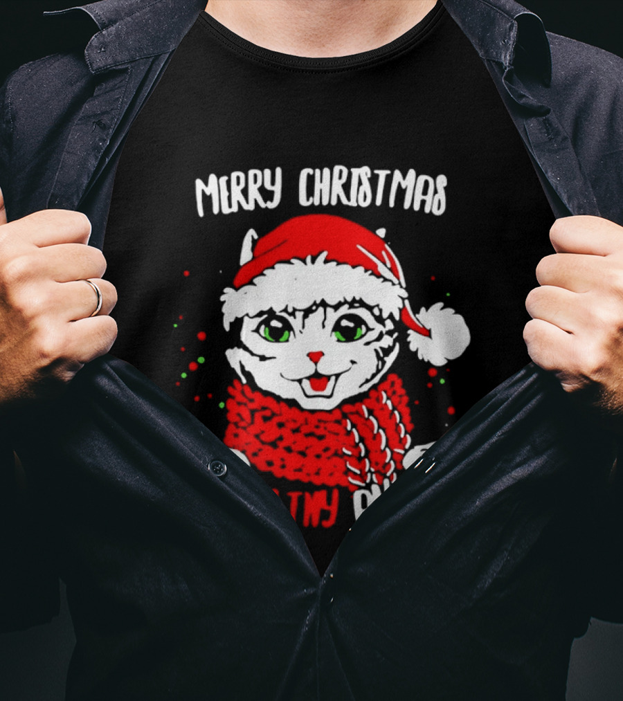 Merry Christmas Ya Filthy Animals Cat Wearing Santa Hat And Scarf T-Shirt