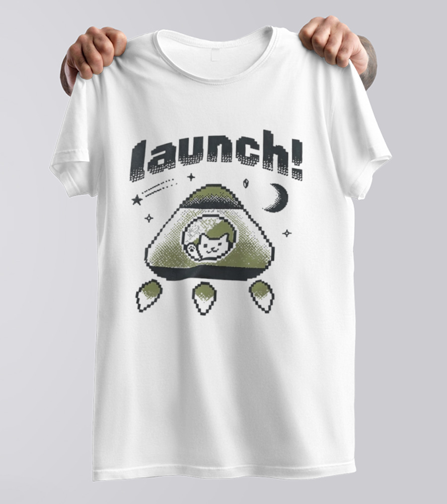 Launch MagicPod Cat Spaceship Pixel Art Collaboration Vibe Coders T-Shirt