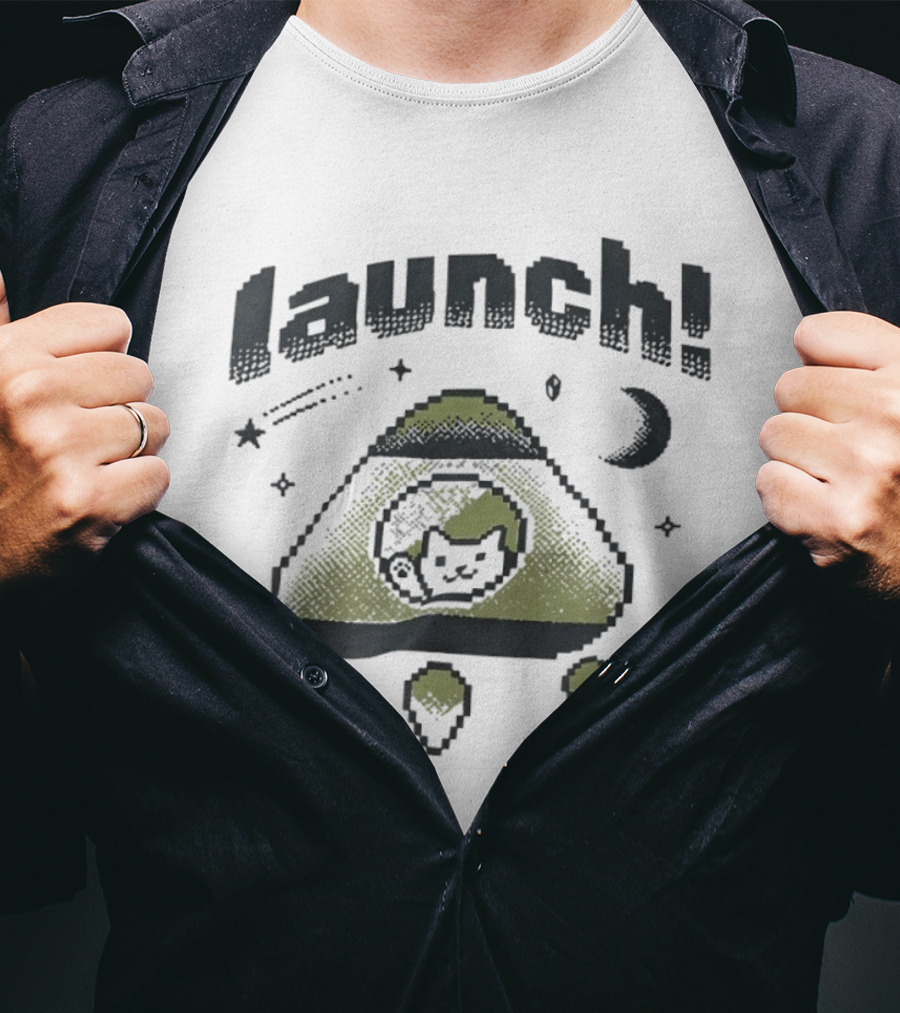 Launch MagicPod Cat Spaceship Pixel Art Collaboration Vibe Coders T-Shirt