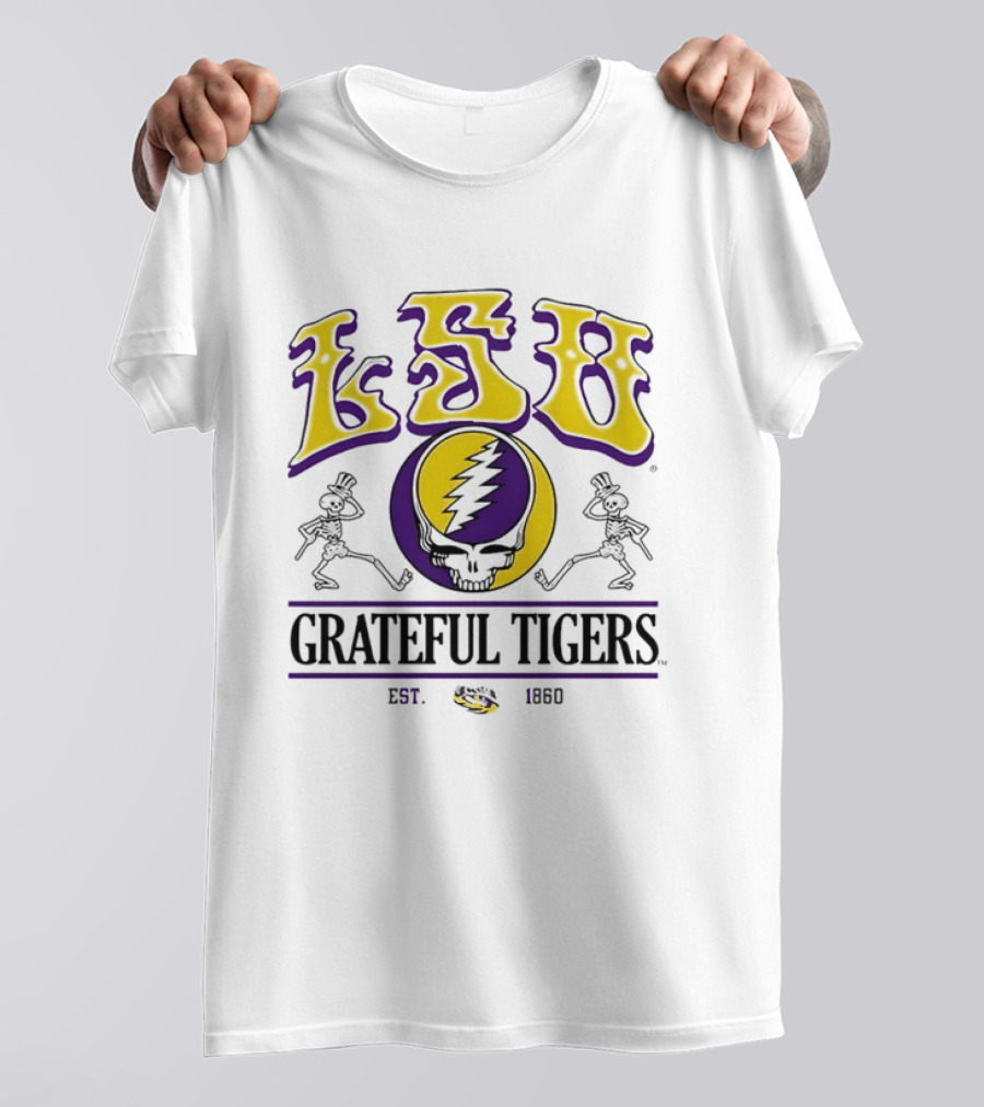 LSU Grateful Tigers Est 1860 Steal Your Face Lightning Skull Skeletons T-Shirt