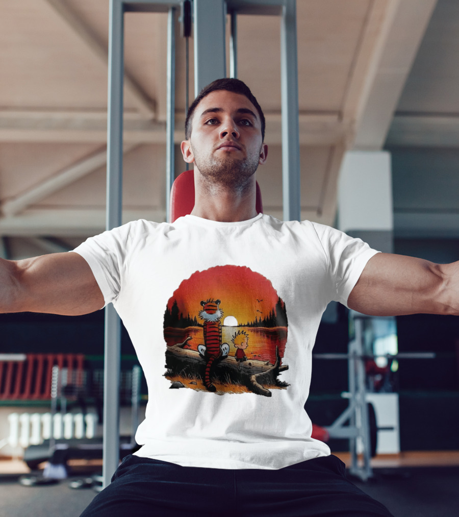 Calvin And Hobbes Log Sunset Lake Scene T-Shirt