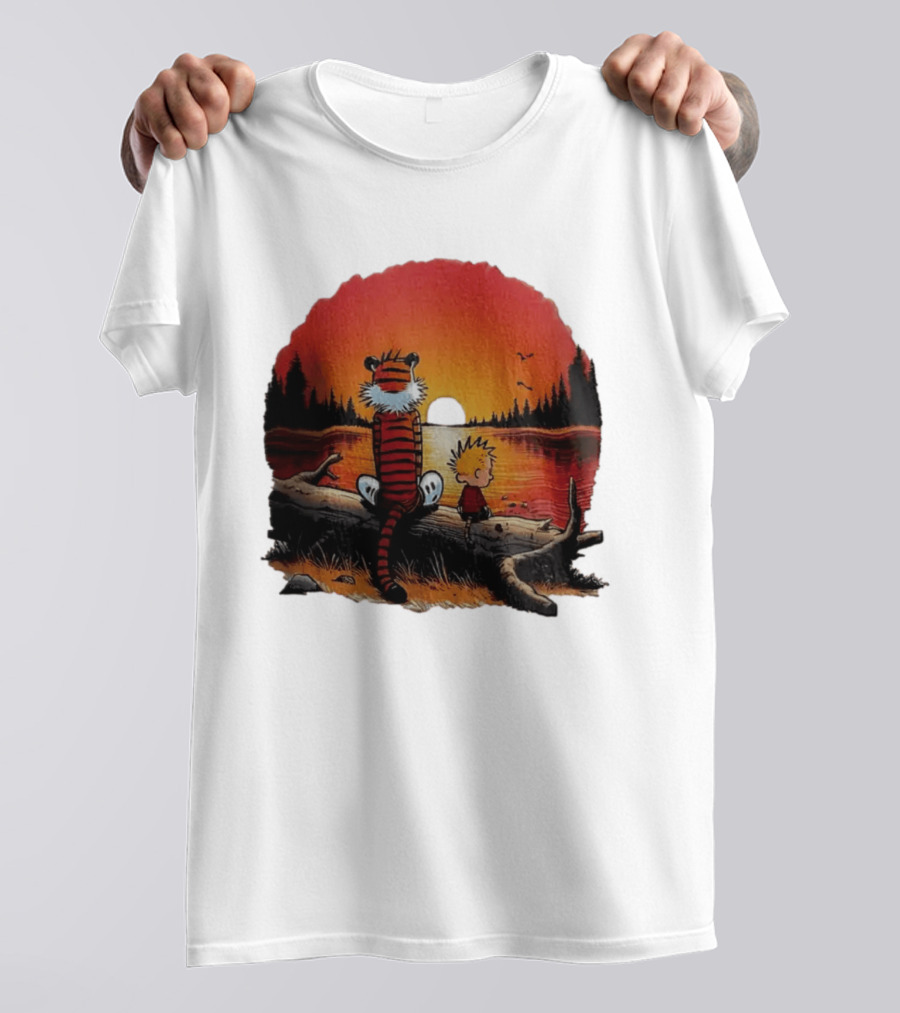 Calvin And Hobbes Log Sunset Lake Scene T-Shirt