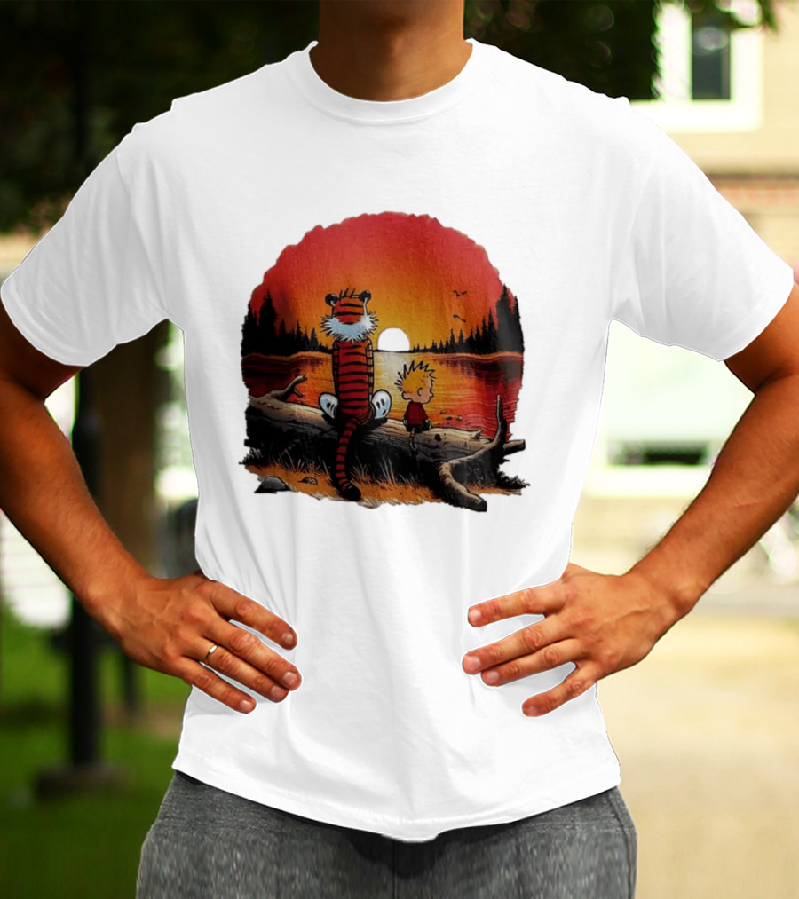 Calvin And Hobbes Log Sunset Lake Scene T-Shirt