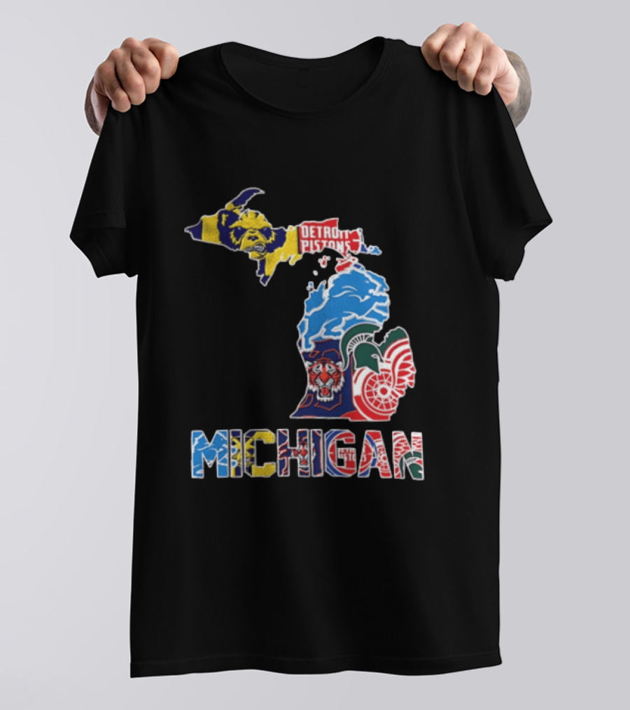 Detroit Pistons Lions Tigers Red Wings Michigan State Spartans Michigan Map T-Shirt
