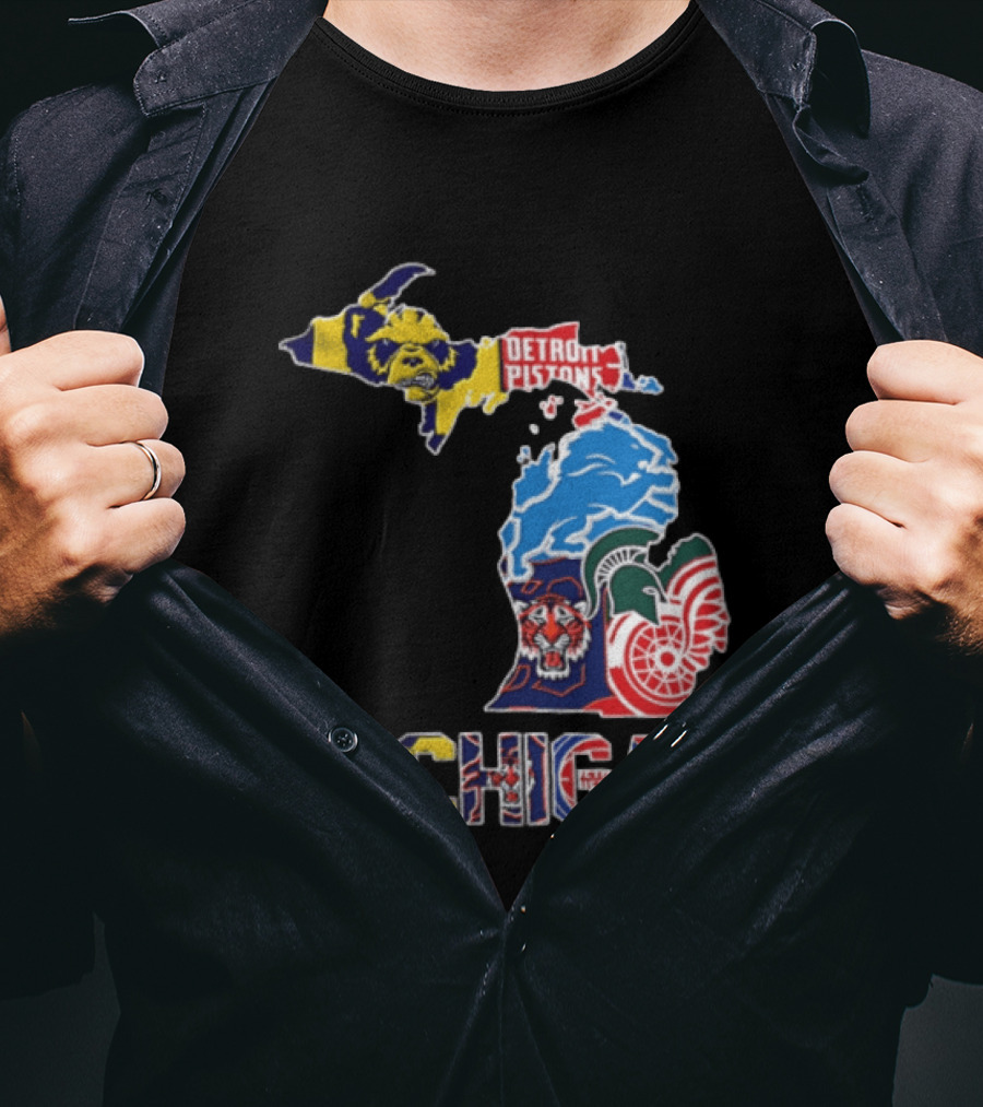 Detroit Pistons Lions Tigers Red Wings Michigan State Spartans Michigan Map T-Shirt