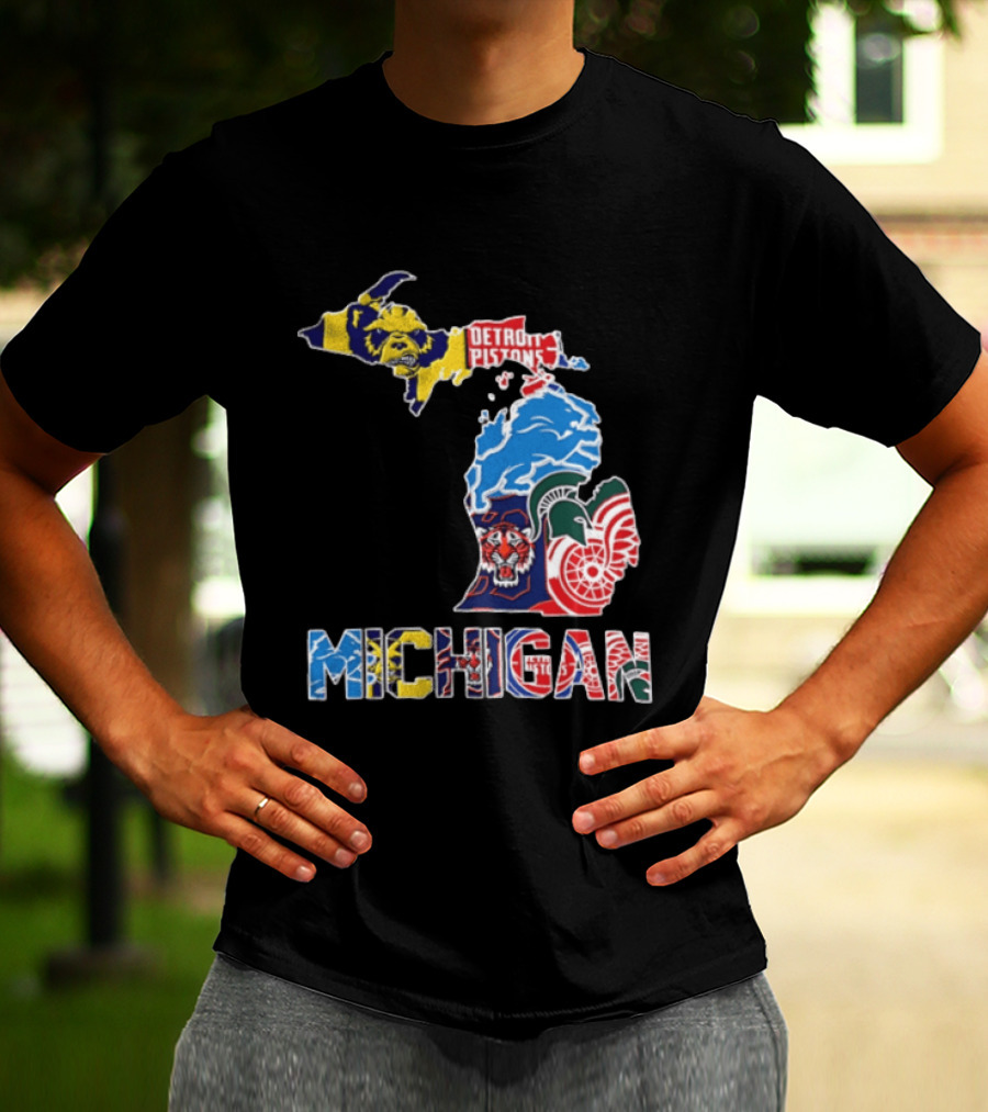 Detroit Pistons Lions Tigers Red Wings Michigan State Spartans Michigan Map T-Shirt