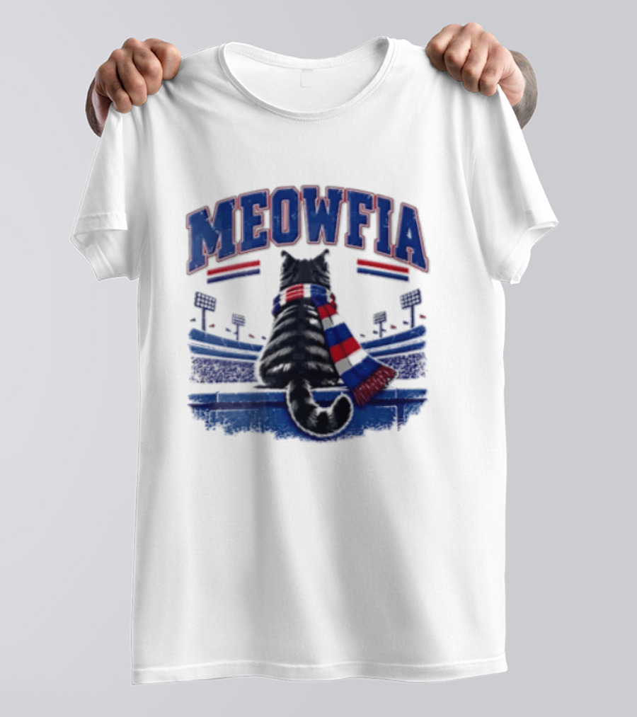 Meowfia Tabby Cat Sporting Colorful Scarf In Stadium Setting T-Shirt