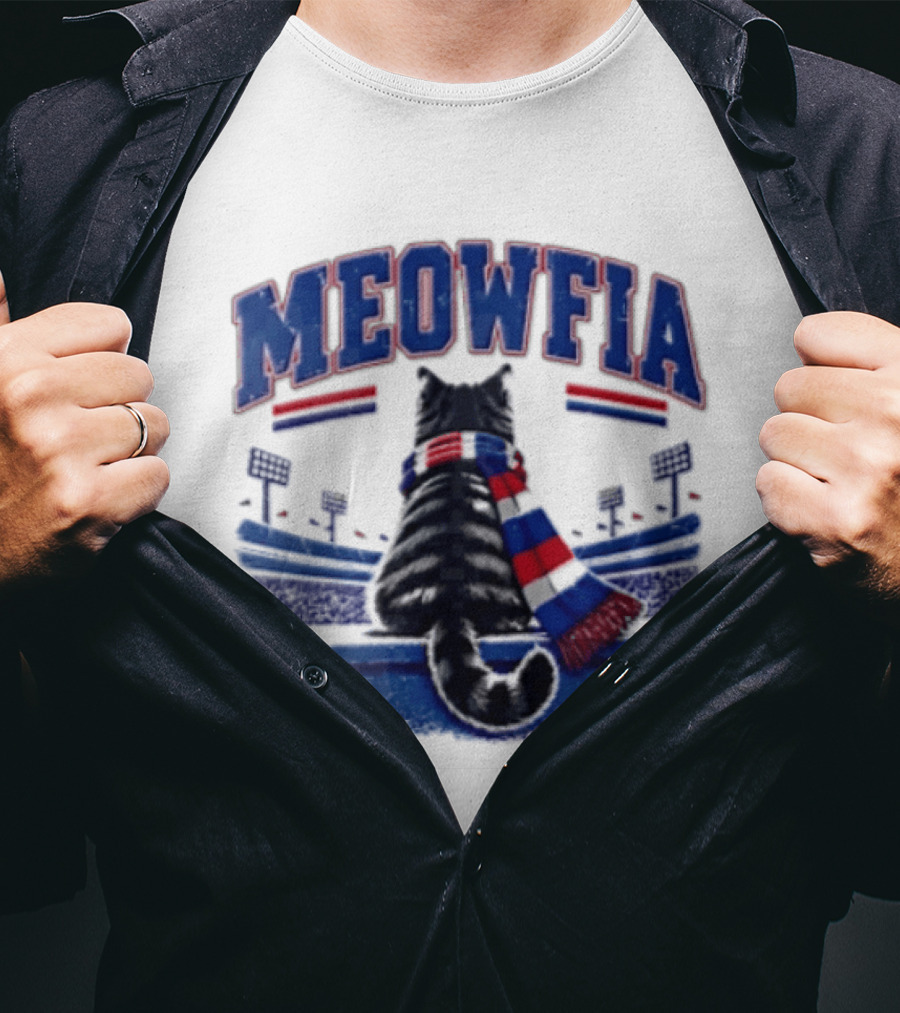 Meowfia Tabby Cat Sporting Colorful Scarf In Stadium Setting T-Shirt