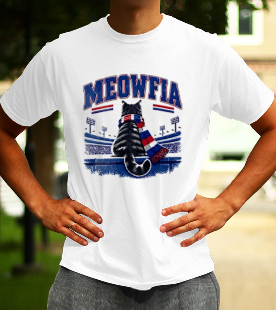 Meowfia Tabby Cat Sporting Colorful Scarf In Stadium Setting T-Shirt