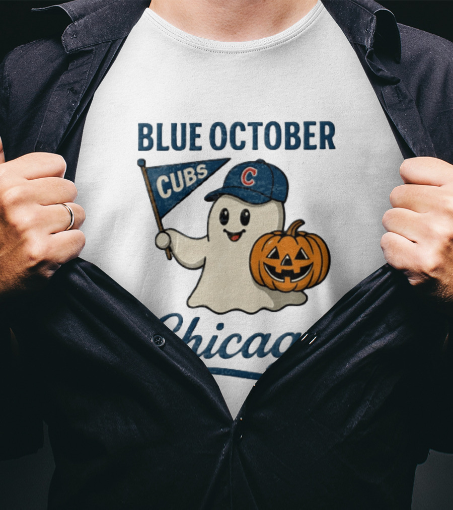 Chicago Cubs Blue October Halloween Ghost Pumpkin Baseball T-Shirt