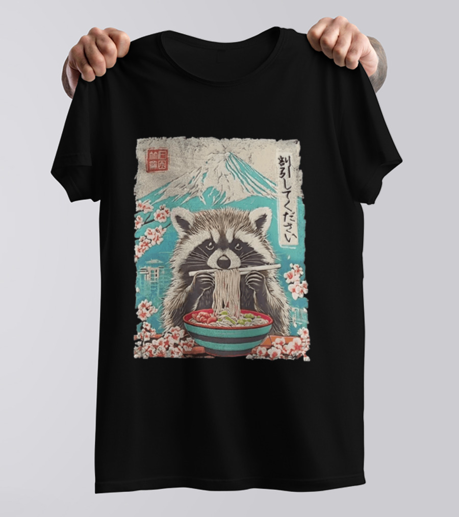 Raccoon Eating Ramen With Mount Fuji Japanese Cherry Blossoms T-Shirt