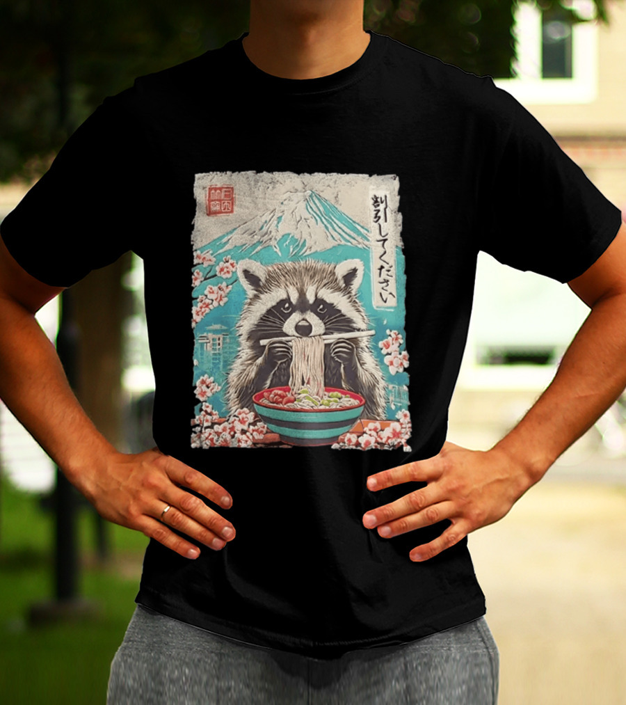 Raccoon Eating Ramen With Mount Fuji Japanese Cherry Blossoms T-Shirt